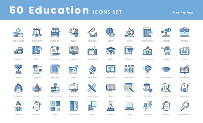 Education vector icons set, school icons such as, Books, Graduation cap, Diploma, Chalkboard, School building, Pencil, Notebook, Apple, Backpack, Teacher, Student, Classroom, Online learning, and more