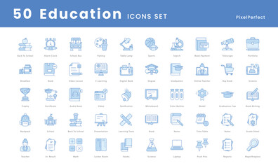 Education vector icons set, school icons such as, Books, Graduation cap, Diploma, Chalkboard, School building, Pencil, Notebook, Apple, Backpack, Teacher, Student, Classroom, Online learning, and more