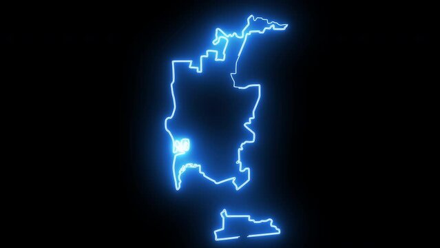 map of San Diego in California with a blue glowing neon effect