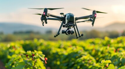 Fototapeta premium Futuristic agricultural scene drone pollinators and automated farming machinery in panoramic view