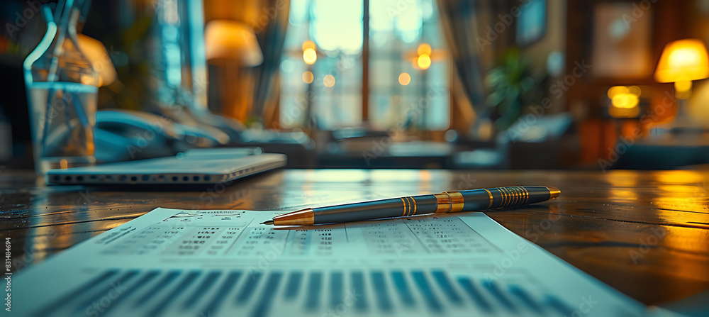 Poster closeup of blurred desk in an office environment showing papers pens and office supplies out of focu