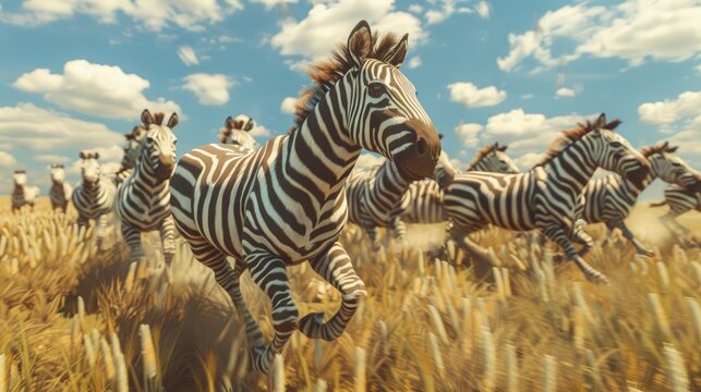 A zebra herd galloping across the plains, stripes blending into a confusing mass.