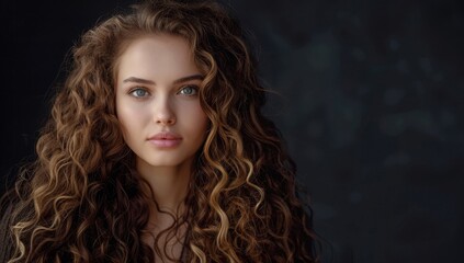 Fototapeta premium A beautiful woman with long curly hair posing for the camera, showcasing her shiny and healthy hair against a dark salon background.Beauty brunette girl with wavy black hair .
