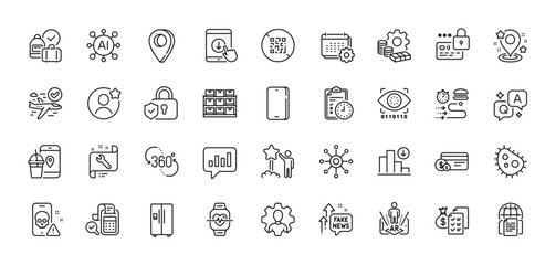 Lock, Accounting wealth and Internet documents line icons pack. AI, Question and Answer, Map pin icons. Scroll down, Fake news, Cardio training web icon. Vector