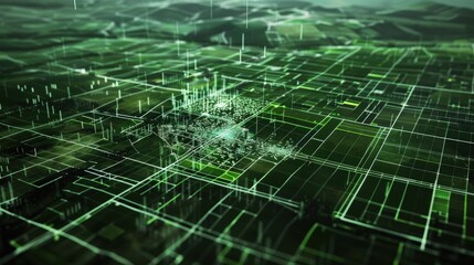 AI improving agricultural yields, satellite images of farms, data overlays.