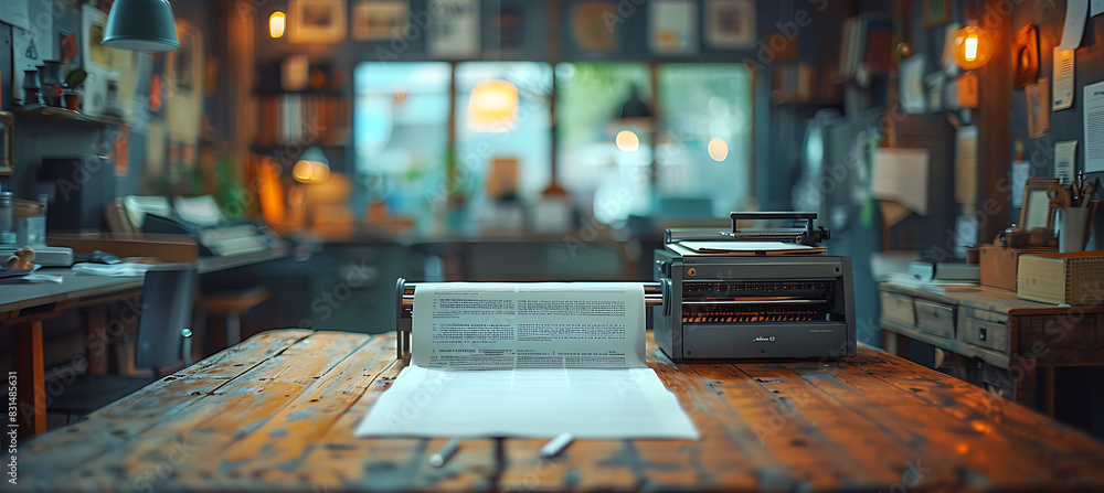 Poster closeup of blurred office environment showing desks papers and office supplies out of focus using ma