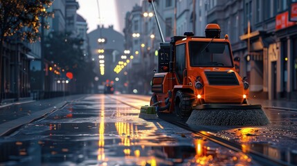 Autonomous street sweeper cleaning urban roads, early morning, empty streets.