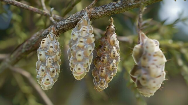 Bagworm moth larvae in cocoons, hanging from twigs.