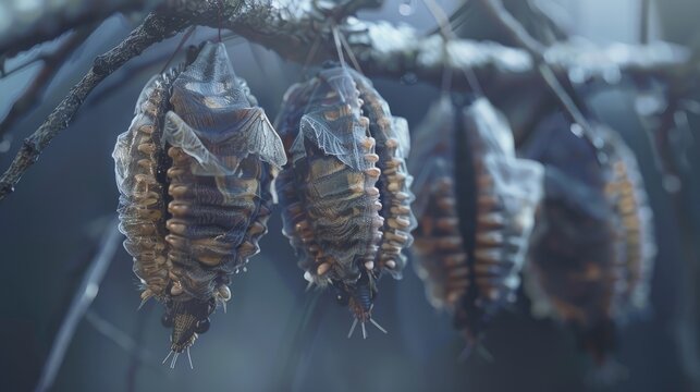 Bagworm moth larvae in cocoons, hanging from twigs.