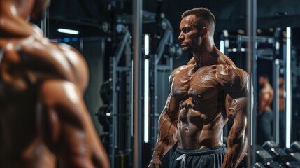 Bodybuilding trainer advising on pose, gym mirrors.