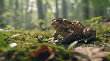 Common toad on forest floor, camouflage, nocturnal wanderer.