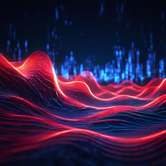 Digital ripple red and blue waves on dark background. hi tech image, unreal engine,