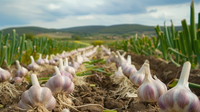 Garlic in a field ready to be harvested