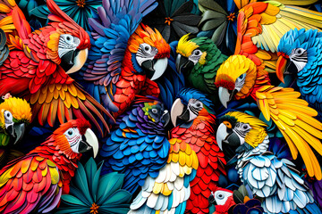Group of colorful parrots sitting next to each other on table.