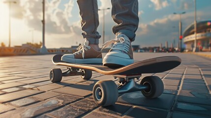 Electric skateboarder on city tour, modern transport, fast.