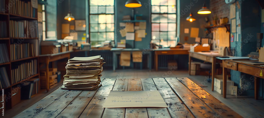 Poster closeup of blurred workplace showing desks papers and office supplies out of focus using macro photo