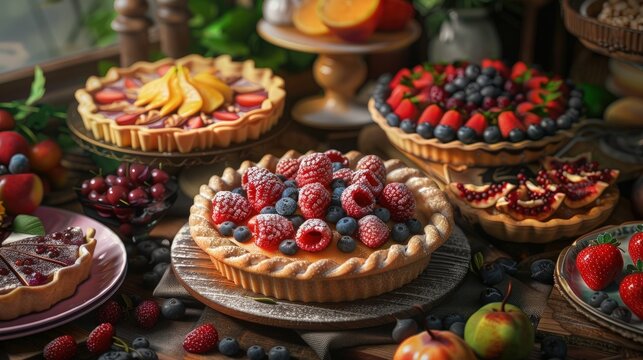Vegan dessert buffet, assorted fruit pies, delightful treats.