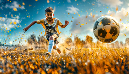 A young boy is running towards a soccer ball in a field