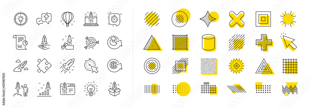 Poster launch project, business report, target icons. design shape elements. startup line icons. strategy, 