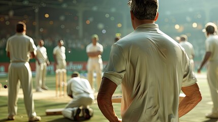 Cricket coach giving bowling tips, nets practice, attentive players.