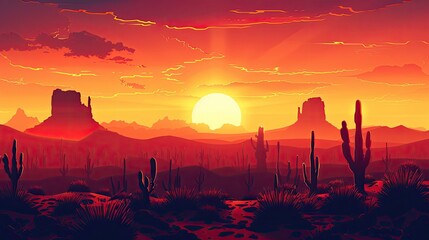 Desert landscape at sunset, cacti silhouettes against a fiery sky, tranquil and stark.