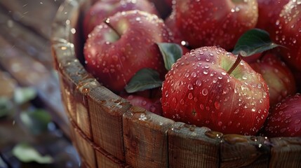 Juicy red apples in a rustic wooden basket, morning dew.