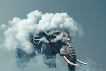 Ethereal and surreal elephant cloud composite artistic photomontage with moody sky and dreamlike nature illustration - Powered by Adobe