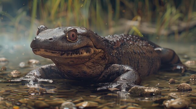 Hellbender under river stone, secretive giant salamander.