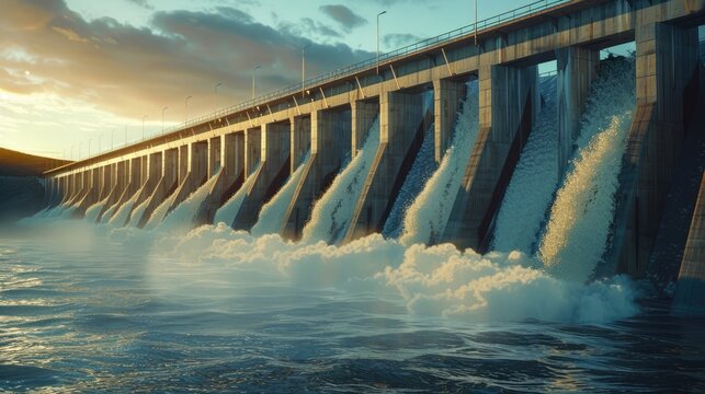 Hydroelectric dams harnessing the power of water for renewable energy production.