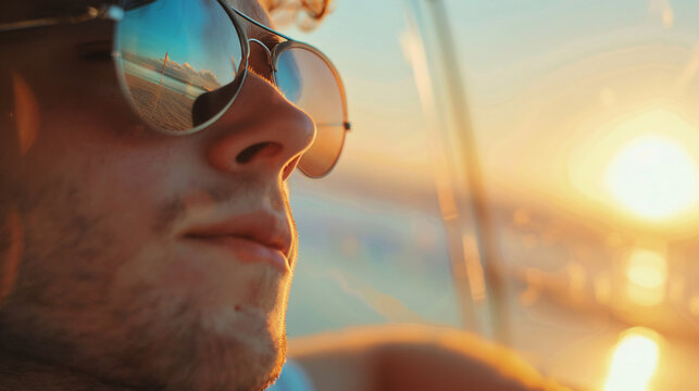 Portrait of a brutal man in sunglasses on the beach, close-up