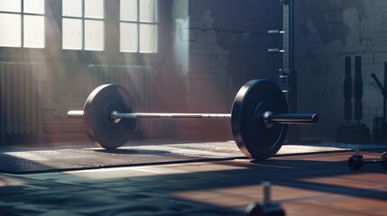 Weightlifting barbell loaded with plates, gym setting, determination, early morning .