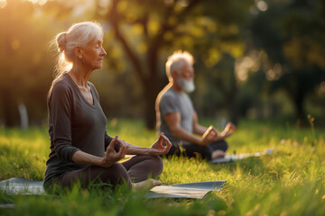 An elderly Caucasian couple meditate in a lotus position on yoga mats in a sunny park. A sense of peace and mindfulness, ideal for content related to senior health and wellness. - Powered by Adobe