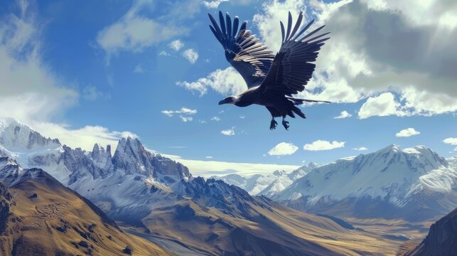Condors soaring over Andes, wide-open sky, majestic flight.