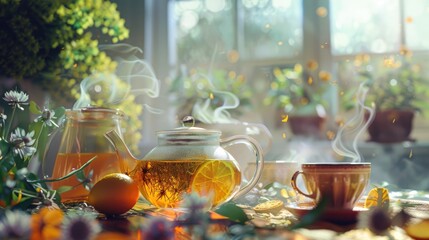 Detox tea time, herbal blends, calming, restorative.
