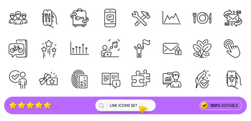 Group, Puzzle and Diagram line icons for web app. Pack of Hypoallergenic tested, Bike app, Presentation pictogram icons. Message, Card, Food signs. Stars, Music, Spanner tool. Spinach. Vector