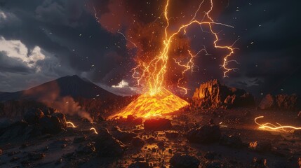 Lightning striking during a volcanic eruption, natureâ€™s forces colliding dramatically.