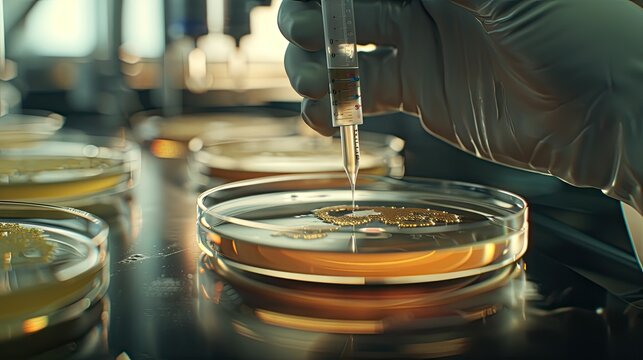 Microbiologist injecting a culture medium into a Petri dish to grow bacterial colonies.