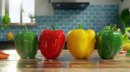 Shiny bell peppers in red, yellow, and green.