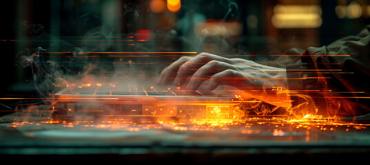 Closeup of desk with motion blur showing blurred hands typing on a keyboard and moving papers using Macro Photography and Dual ISO to highlight the sense of motion and activity