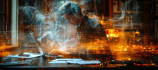 Closeup of desk with motion blur showing blurred hands typing on a keyboard and moving papers using Macro Photography and Dual ISO to highlight the sense of motion and activity