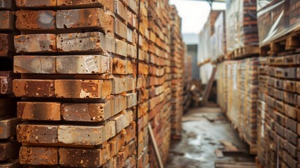 Photograph of bricks, stacked in an industrial environment. Pallets of construction bricks in the factory.