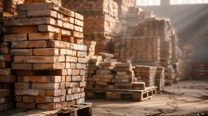 Photograph of bricks, stacked in an industrial environment. Pallets of construction bricks in the factory.