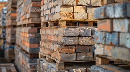 Photograph of bricks, stacked in an industrial environment. Pallets of construction bricks in the factory.