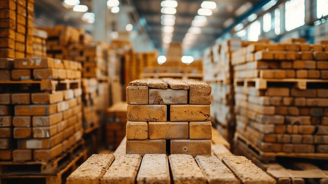 Photograph of bricks, stacked in an industrial environment. Pallets of construction bricks in the factory.