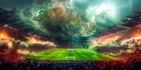 Stadium filled with lots of people watching soccer game on cloudy day.