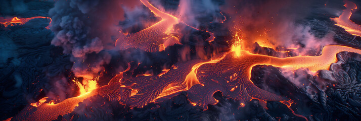 Aerial View of Molten Lava Flowing from Volcanic Eruption
