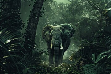 Fototapeta premium Impressive elephant stands amidst the lush foliage of a foggy tropical forest