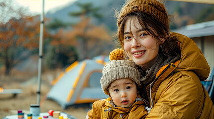 Obraz premium Woman holding small child in her arms in front of tent.