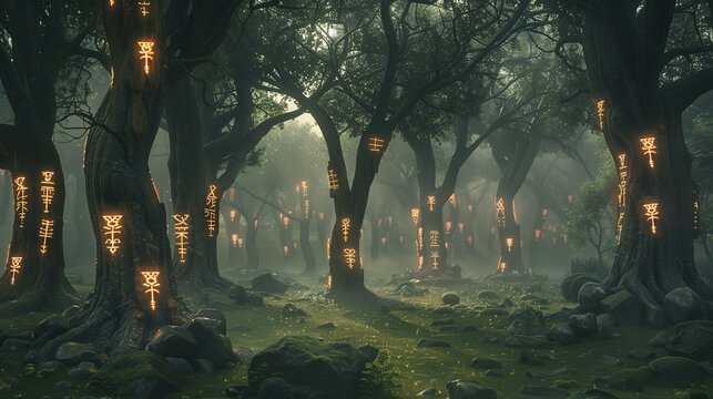 A mystical forest with ancient runes etched into trees, creating a magical gallery of old tales and secrets.