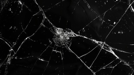 Broken glass cracks texture on black background. Sharp Lines on Clear Glass.